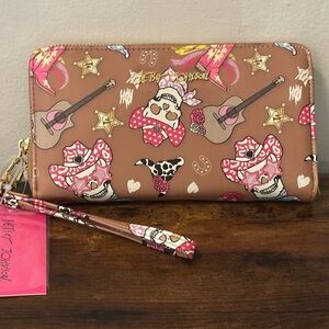 Betsey Johnson Wallet Wristlet Tan with Guitars and Skeletons Western NWT